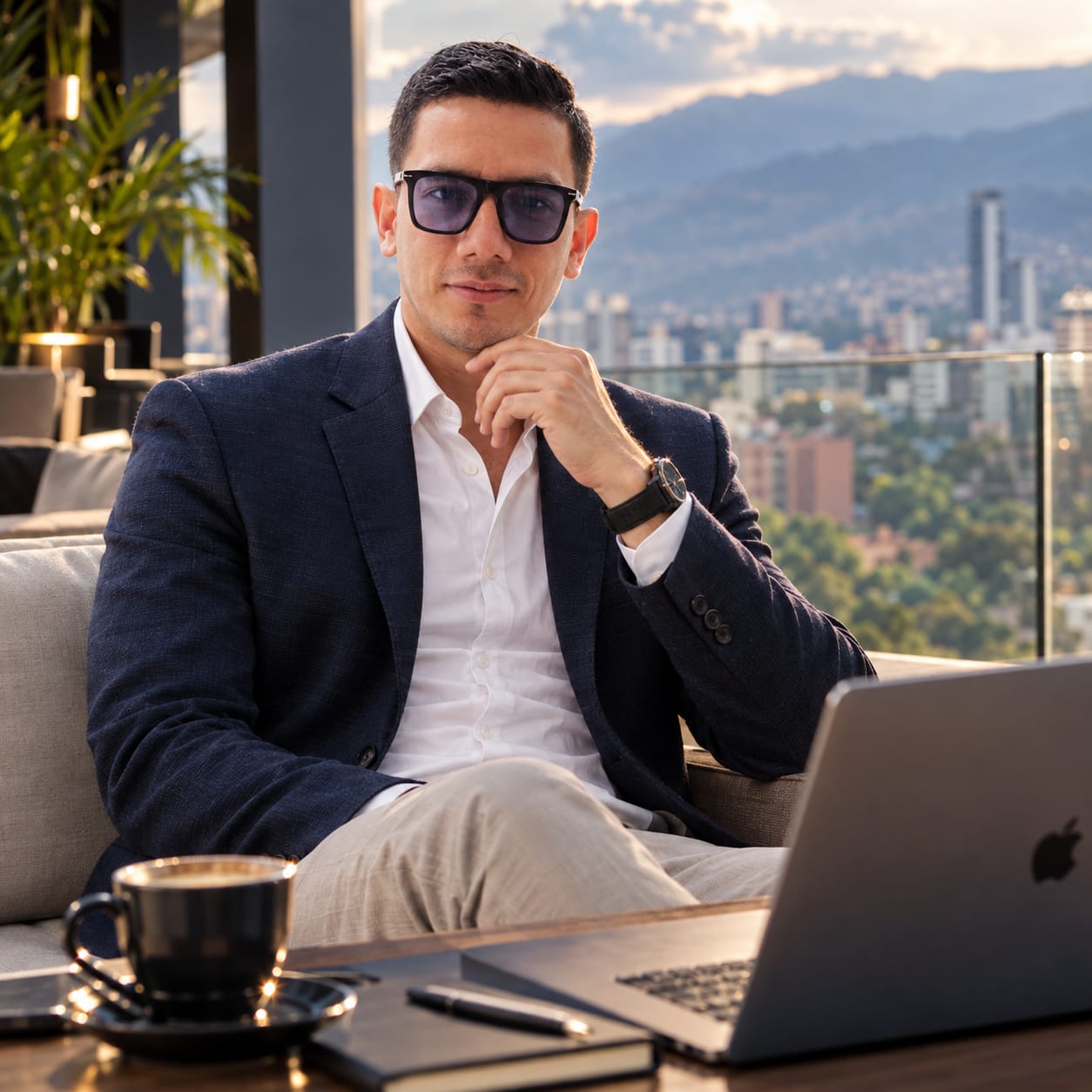 Rafael Mauricio Rivera Álvarez, Arquitecto Financiero, sentado en una terraza frente a su portátil, con la mano en el mentón y la ciudad y las montañas de fondo